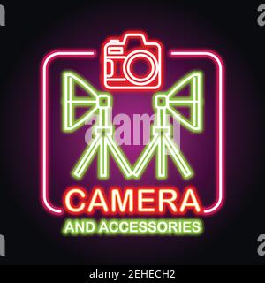 apparecchiatura per telecamera con effetto neon per la memorizzazione della telecamera. illustrazione vettoriale Illustrazione Vettoriale