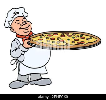 cucinare con la pizza - chef che tiene un grande vassoio con la pizza, cartoni animati a colori illustrazione vettoriale, su uno sfondo bianco Illustrazione Vettoriale