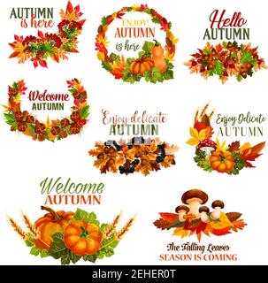 Set wreath foglia autunno e citazioni di saluto autunno stagionale. Vettore isolato autunno acero o foglie di castagno, raccolta di zucca e bacche di rowan, acorn di quercia Illustrazione Vettoriale