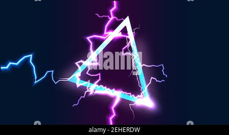 Sfondo astratto del triangolo al neon con effetto fulmine. Vettore. Illustrazione Vettoriale