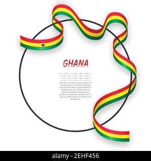 Bandiera a nastro ondulata del Ghana sulla cornice circolare. Modello per la progettazione di poster del giorno dell'indipendenza Illustrazione Vettoriale