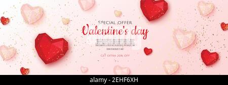 Buon San Valentino. Banner orizzontale, modello di intestazione per il sito Web. Elementi di design realistici, cuori rossi con confetti scintillanti. Illustrazione Vettoriale