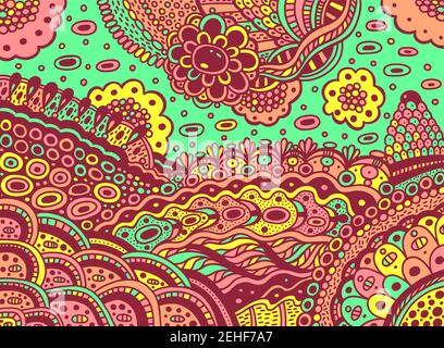 Illustrazione colorata con paesaggio doodle. Mare, onde oceaniche, tramonto, nuvole nel cielo. Grafica psichedelica surreale multicolore. Vettore Illustrazione Vettoriale