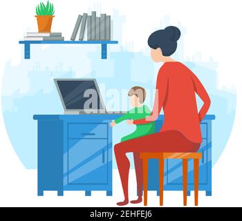 Vector Flat Concept arte di lavorare da casa madre con un bambino in mano alla scrivania con il computer portatile. Illustrazione Vettoriale