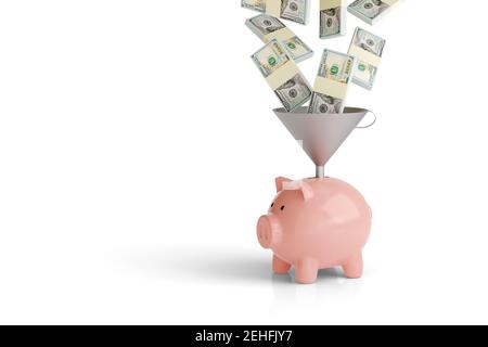WAD di dollari che cadono in una banca piggy con un imbuto isolato su sfondo bianco. illustrazione 3d. Foto Stock