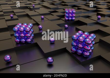 Sfere viola su cubi neri. Disegno astratto. illustrazione 3d. Foto Stock