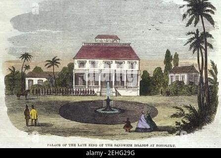 Palazzo del tardo Re delle Isole Sandwich a Honolulu, The Illustrated London News, c. 1864, colorato. Foto Stock