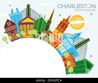 Charleston South Carolina City Skyline con edifici a colori, Blue Sky e Copy Space. Illustrazione vettoriale. Viaggi d'affari e turismo Illustrazione Vettoriale