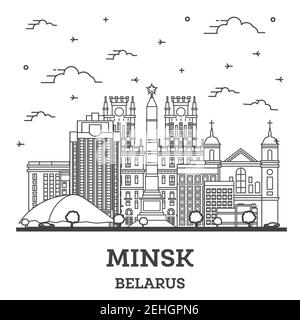 Contorno del Minsk Belarus City Skyline con edifici moderni isolati su White. Illustrazione vettoriale. Minsk con i suoi monumenti storici. Illustrazione Vettoriale