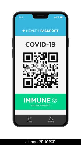 Illustrazione vettoriale di un risultato immune di Covid-19 sull'applicazione Di un telefono cellulare moderno con un codice QR Illustrazione Vettoriale