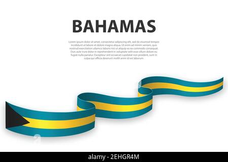 Sventolando in nastro o banner con bandiera delle Bahamas. Modello per il giorno di indipendenza il design di poster Illustrazione Vettoriale