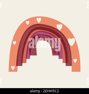 Icona del cartone animato vettoriale arcobaleno, modalità trasparenza, boho stile ingenuo infantile, i cuori sono tagliati fuori Illustrazione Vettoriale