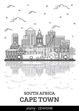 Profilo Città del Capo Sud Africa City Skyline con edifici moderni e riflessi isolati su bianco. Illustrazione vettoriale. Illustrazione Vettoriale