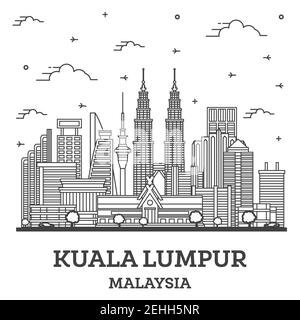 Profilo di Kuala Lumpur in Malesia skyline della città con moderni edifici isolati su bianco. Illustrazione Vettoriale. Kuala Lumpur Cityscape con punti di riferimento. Illustrazione Vettoriale