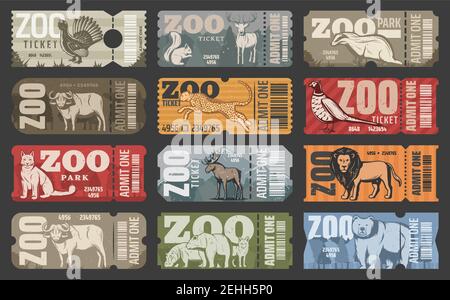 Biglietti per lo zoo, ingresso al parco zoologico con animali selvatici. Vector vintage design di leone africano, ippopotamo o puma e orso, alci o bufali con wol Illustrazione Vettoriale