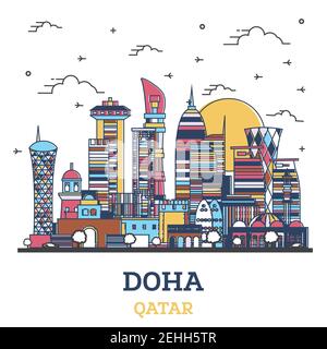 Profilo Doha Qatar City Skyline con colorati edifici moderni isolati su bianco. Illustrazione vettoriale. Paesaggio urbano di Doha con monumenti storici. Illustrazione Vettoriale