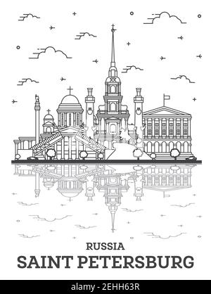 Profilo San Pietroburgo Russia dello skyline della città con edifici storici e di riflessioni isolato su bianco. Illustrazione Vettoriale. Illustrazione Vettoriale