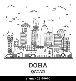 Outline Qatar Doha skyline della città con moderni edifici isolati su bianco. Illustrazione Vettoriale. Paesaggio urbano di Doha con punti di riferimento. Illustrazione Vettoriale