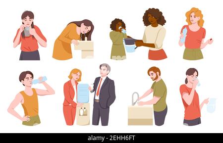 La gente beve acqua da fonti differenti Illustrazione Vettoriale