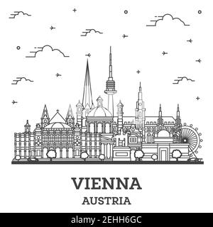 Delineare Vienna Austria dello skyline della città con edifici storici isolati su bianco. Illustrazione Vettoriale. Paesaggio urbano di Vienna con i punti di riferimento. Illustrazione Vettoriale