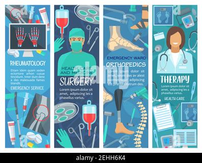 Chirurgia, reumatologia, terapia e ortopedia clinica medica o banner ospedalieri. Medici con strumento medico, strumento diagnostico e raggi X ossea, me Illustrazione Vettoriale