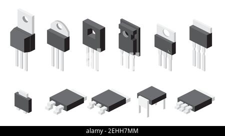 Transistor impostati isolati su sfondo bianco. Illustrazione vettoriale. Componenti elettronici isometrici. Set di icone. Illustrazione Vettoriale