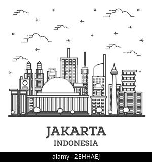 Outline Indonesia Jakarta skyline della città con moderni edifici isolati su bianco. Illustrazione Vettoriale. Jakarta Cityscape con punti di riferimento. Illustrazione Vettoriale