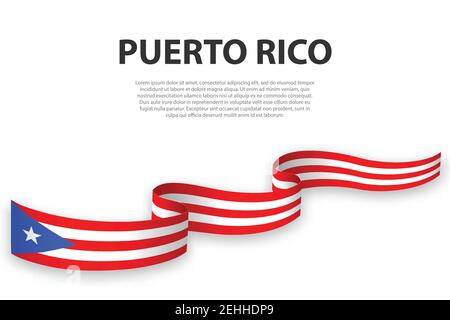 Sventolando in nastro o banner con bandiera di Puerto Rico. Modello per il giorno di indipendenza il design di poster Illustrazione Vettoriale