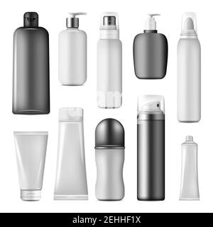 Set per la simulazione di bottiglie cosmetiche. Confezione di prodotti di bellezza per la cura della pelle con contenitore liquido per crema, lozione e shampoo, spray, pompa e dispenser per showe Illustrazione Vettoriale