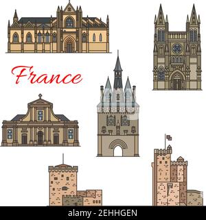 Viaggio francese monumenti storici di architettura medievale sottile icone. Cattedrale di San Luigi, porta Cailhau e Cattedrale di Bordeaux, Basilica di San Michele, Illustrazione Vettoriale