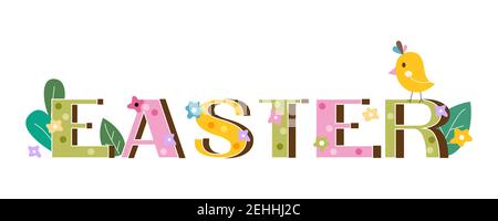 Lettere di testo colorate di Pasqua in stile astratto su sfondo bianco. Illustrazione vettoriale. Illustrazione Vettoriale