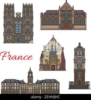 Simbolo di viaggio francese con un edificio sottile di Rennes. Municipio di Rennes, Chiesa di St Germain e Cattedrale di Rennes, Cappella di St Yves e Basilica S. Illustrazione Vettoriale