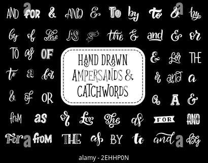 Icone di lettere e lettere di catchwords. Lettere e preposizioni di calligraphy isolate vettoriali parole del, da o con e per o per per il creativo fo Illustrazione Vettoriale