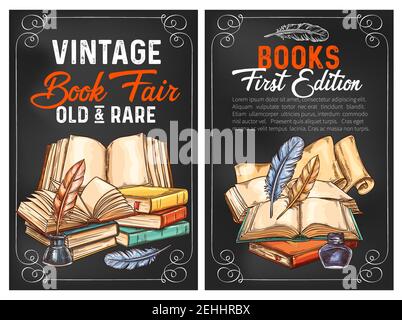Libri d'epoca e rari poster di bozzetto fiera per edizione o pubblicità di letteratura. Disegno vettoriale di vecchi libri rari e inchiostro di scrittura con penne di quill per Illustrazione Vettoriale