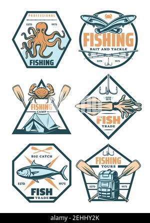 Pesca rétro badge con pesce e pesca attrezzatura. Salmone, canna da pesca e gancio, granchio, calamari e polpo di mare animale, pagaia, tenda e zaino vinta Illustrazione Vettoriale