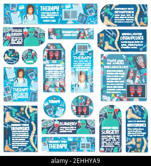 Etichette mediche e mediche con medico e simbolo medico. Etichetta del personale di chirurgia, terapia, reumatologia e medicina ortopedica con il chirurgo Illustrazione Vettoriale