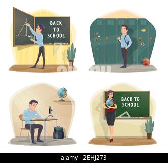 Torna a scuola icone con classe e studente, insegnante di geografia. Lezione di geometria e triangolo sulla lavagna. Hall con armadietti, scrivania e globo, microsc Illustrazione Vettoriale