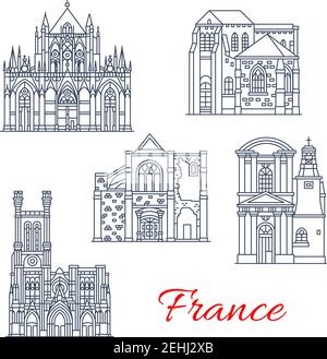 Monumenti architettonici francesi e famosi edifici storici icone sottili. Facciate vettoriali di If Saint Pantaleon o Pierre e Paul cattedrale, Madele Illustrazione Vettoriale