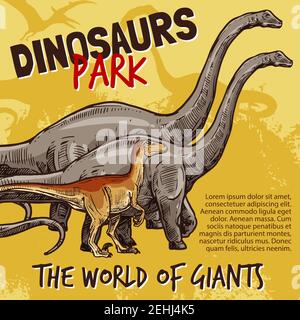 Dinosauri Jurassic parco poster di T-rex, brnotosaurus e stegosaurus giganti. Disegno vettoriale di triceratops pteranodon o ceratosauro e paras Illustrazione Vettoriale