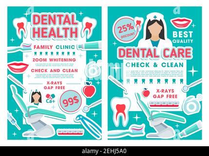 Poster di offerta sconto per la cura dei denti per dentale clinica o dentale ufficio modello. Trattamento carie, igiene orale e procedura di sbiancamento dei denti promo divieto Illustrazione Vettoriale