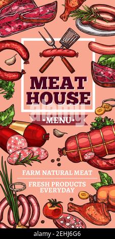 Poster di bozzetto per la casa di carne o il macellaio. Vector delicatessen carnoso di cervelletto, salsiccia di pepperoni, filetto di maiale o bistecca di manzo e petto o prosciutto b Illustrazione Vettoriale