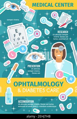 Striscione per la medicina dell'oftalmologia con medico, attrezzatura diagnostica per gli occhi e strumento chirurgico. Oftalmologo o ottomettista con lenti, occhiali e occhi Illustrazione Vettoriale