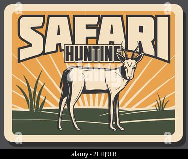 Safari caccia vintage banner con animale africano. Antilope selvaggio impala o poster retrò animale di mammifero gazelle con paesaggio savana africano sul backgr Illustrazione Vettoriale