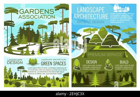 Poster di design paesaggistico e spazi verdi. Ecologia e manutenzione ambientale. Piantando alberi freschi e cespugli spessi su prati puliti o prati in Illustrazione Vettoriale