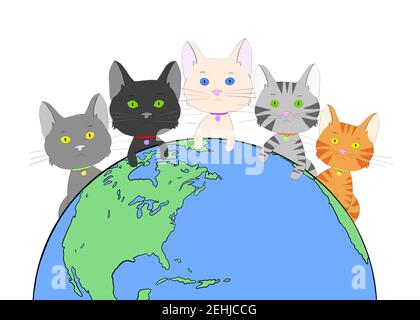 Illustrazione Cartoon disegnato a mano con cinque gattini diversi che sbirciano su un globo di Terra, un verde sano e blu. Tema del giorno della Terra. Foto Stock