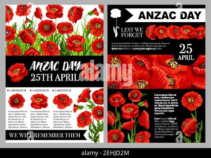 Anzac Day Lest dimentichiamo il biglietto di auguri di fiori di papavero per la guerra australiana giorno commemorativo. Disegno vettoriale di fiori di papavero rosso per Australia e New Illustrazione Vettoriale