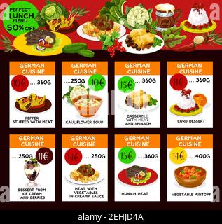 Carte del menu del ristorante di cucina tedesca con offerta speciale per il pranzo. Casseruola di carne, pasta e pepe ripieno, stufato di verdure e zuppa, frutta e d Illustrazione Vettoriale