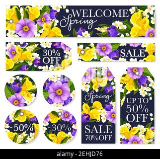 Tag di vendita primavera per lo sconto stagionale negozio shopping design. Insieme vettoriale di narcisi, tulipani e croccus bouquet o nevi in fiore in primavera, c Illustrazione Vettoriale