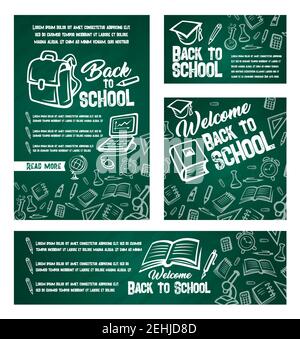 Back to School web banner o poster modelli Set di forniture di studio e cartoleria libro, penna o matita e righello, zaino o globo e pennello. Illustrazione Vettoriale