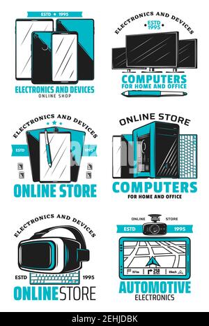 Computer per le icone di casa e ufficio. Dispositivi moderni e forniture elettroniche negozio on-line di tecnologia con TV e navigatore auto, display e gadget Illustrazione Vettoriale